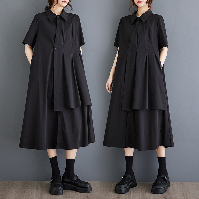 黑色夏韩版新款宽松大码拼接休闲简约通勤甜美短袖连衣裙长裙子
