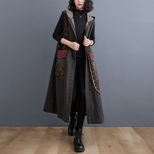 复古洗水大码牛仔外套折扣年秋季休闲宽松牛仔长款马甲外套显瘦