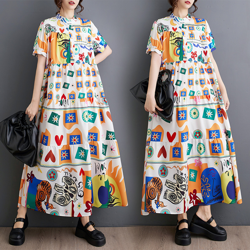 韩版夏季大码宽松显瘦洋气短袖印花中长款衬衣连衣裙子高腰加长