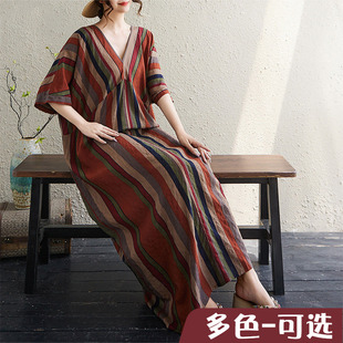 大码原创法式高级感短袖v领薄棉麻印花宽松显瘦连衣裙女夏季外单