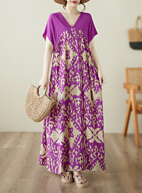 过膝长裙紫色宽松大码胖MM女装遮肚显瘦V领系带短袖连衣裙拼接款