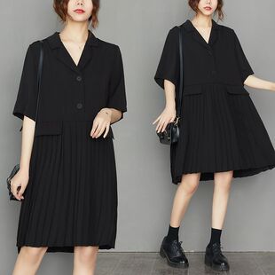 夏季新款宽松大码百褶裙西服领子口袋拼接大摆型连衣裙外贸出口