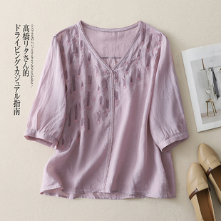 图夏新品 V领五分袖 套头上衣宽松文艺百塔薄款 棉麻凉爽T恤女妈妈装
