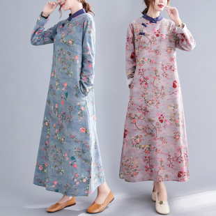 包邮 折扣新款 复古文艺立领拼接盘扣旗袍宽松改良洋气棉麻连衣裙
