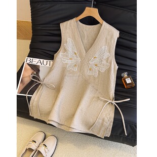 大码 背心女夏季 胖mm独特漂亮百搭上衣 气质老钱风刺绣v领无袖 法式