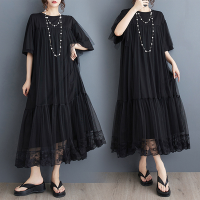 夏季新款宽松暗黑山本风网纱拼接中长款时尚显瘦连衣裙子圆领黑色