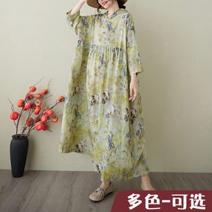 蝙蝠袖子新款复古小众温柔风高级云锦纱棉麻连帽印花连衣裙大码