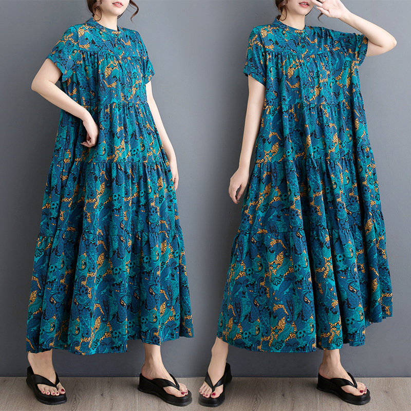 摆裙夏装新款韩版气质花色衬衫长款连衣裙时尚潮流拼接蛋糕裙子