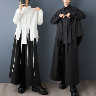 外贸出口秋季小众设计感山本风日系衬衣带子装饰暗黑时尚休闲衬衫
