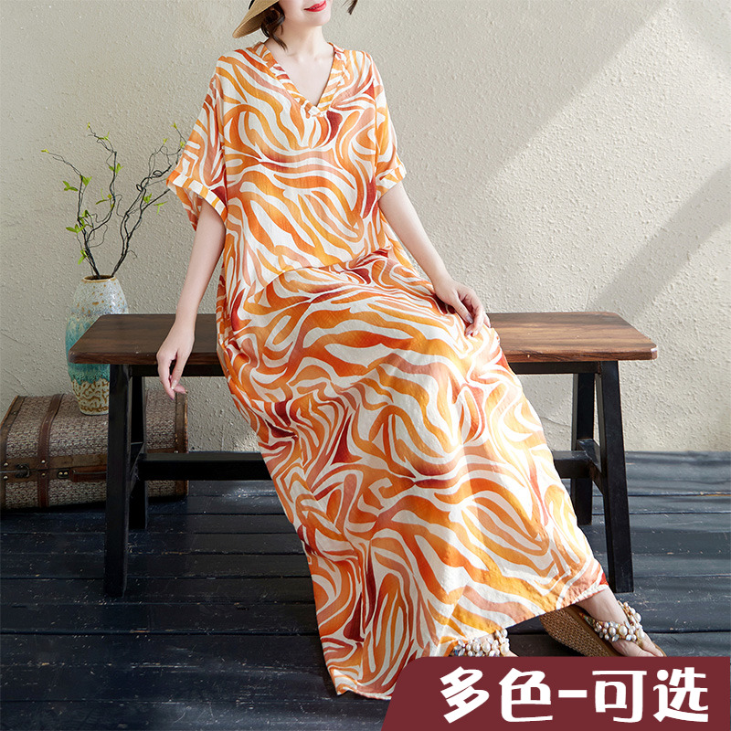 折扣外贸出口 V领薄棉麻大码宽松文艺度假风沙滩裙遮肉长款柔软料