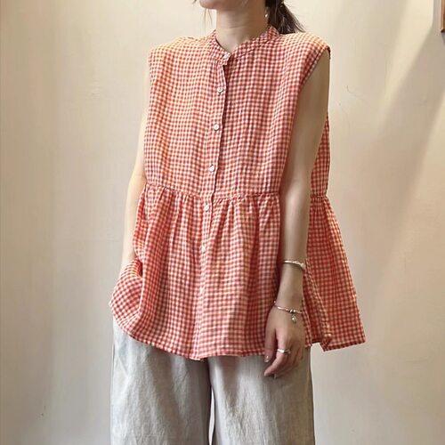 开衫夏季新款 文艺减龄日系拼接上衣立领宽松显瘦无袖娃娃衫衬衫