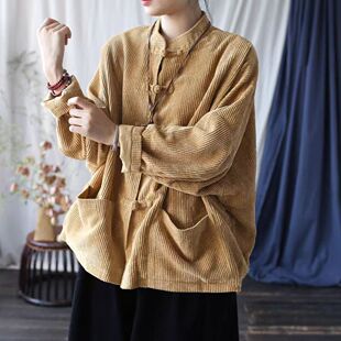 秋冬复古灯芯绒上衣宽松对襟盘扣立领外套棉质民族风中式简约微胖