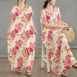 人棉蝙蝠袖 宽松加肥加大长裙子棉绸大花印花长袍连衣裙V领长袍女