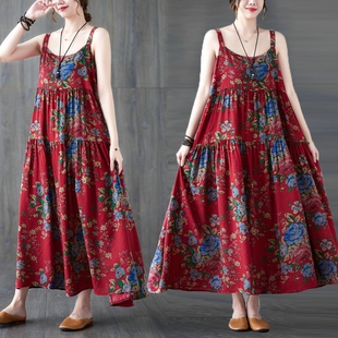 复古减龄裙子 棉麻连衣长裙胖mm印花吊带裙女中长款 新款 宽松大码