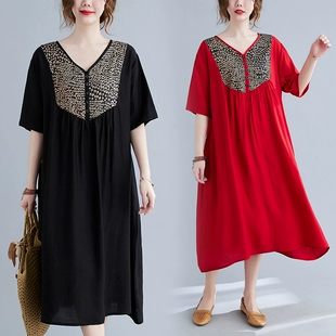 复古大码 2022夏季 棉麻短袖 宽松连衣裙气质民族风亚麻V领印花长裙