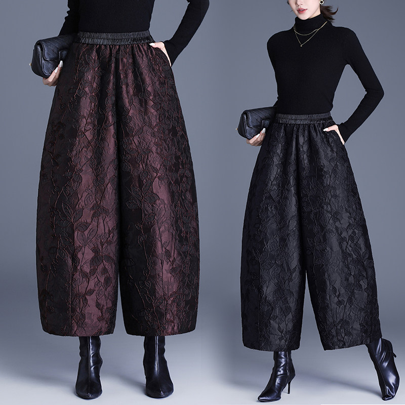 国风浮雕提花茧型阔腿裤女秋冬新款保暖棉裤休闲九分花苞裤胖裤腿
