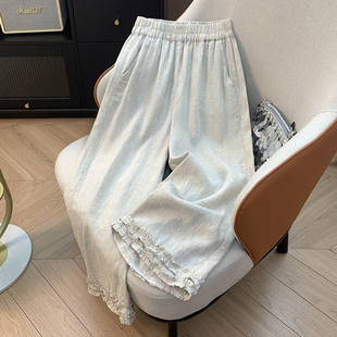 夏定位褶花边裤亚麻百搭宽松显瘦直筒裤休闲阔腿裤女好质量折扣