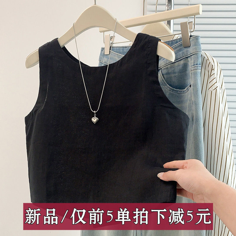 棉麻上衣女夏无袖黑白色凉感纯棉背心度假背心正反两穿短款薄款