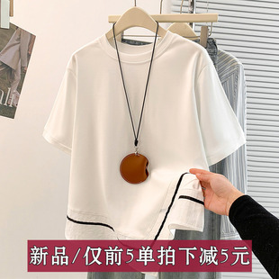 夏新款韩版设计感不规则宽松休闲遮肚子显瘦撞色拼接短袖T恤衫女