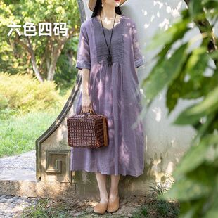 原创抽褶苎麻显瘦显白夏装连衣裙文艺棉麻女装通勤裙子多色纯色
