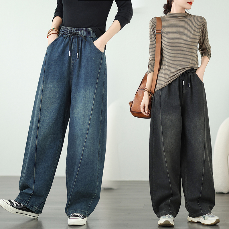 秋冬复古文艺宽松高腰休闲简约牛仔哈伦阔腿裤磨白棉质长裤子女