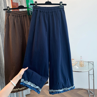 森系甜美木耳边拼接时尚九分直筒裤新款韩版宽松百搭阔腿裤子薄款