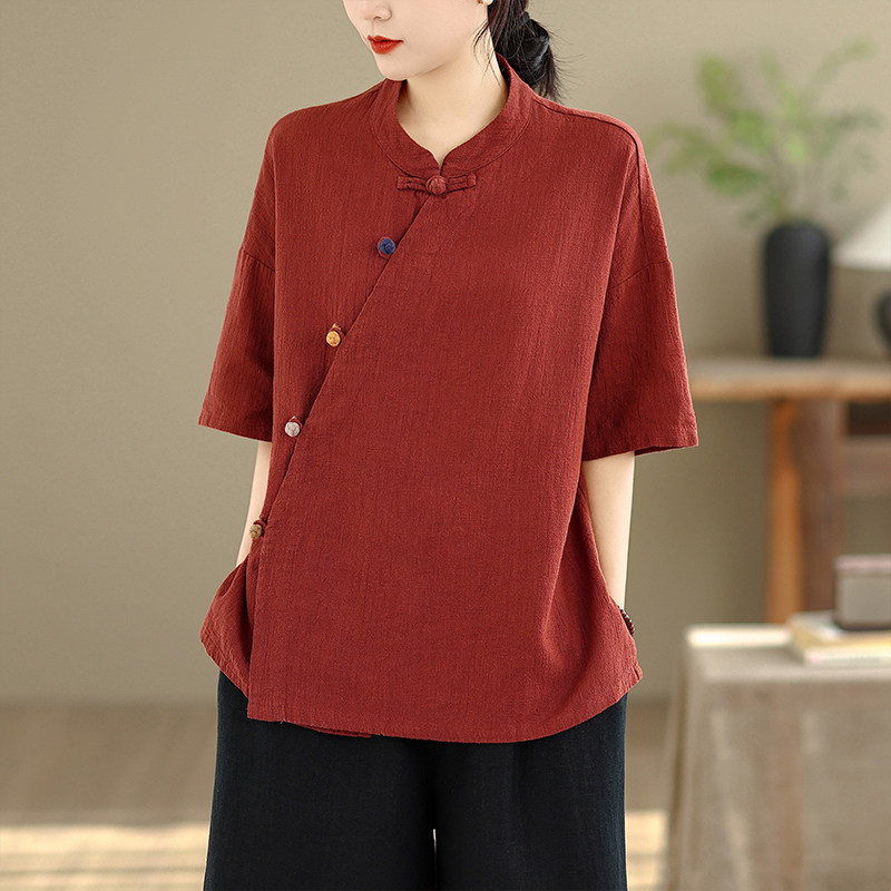 复古斜襟盘扣棉麻上衣女夏季薄款新中式国风禅意茶服短袖子民族风