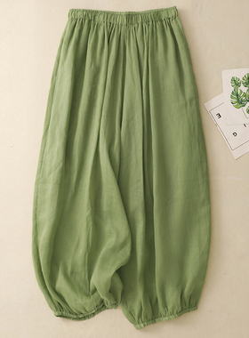 夏棉麻薄款镰刀裤浅色山本风灯笼花苞休闲裤慵懒松弛感裤子绿色