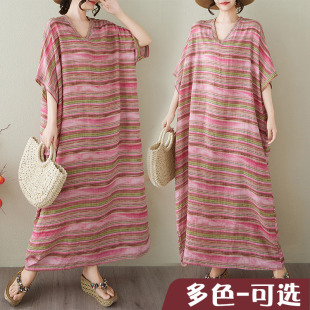 蝙蝠袖 条纹过膝胖mm花色度假风旅游V领复古长裙遮肉棉麻连衣裙