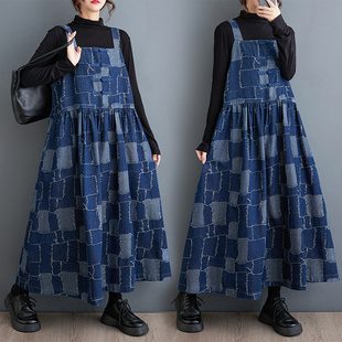 牛仔背带裙女秋装2 国潮盘扣提花格子大码宽松胖mm牛仔裙长款薄款