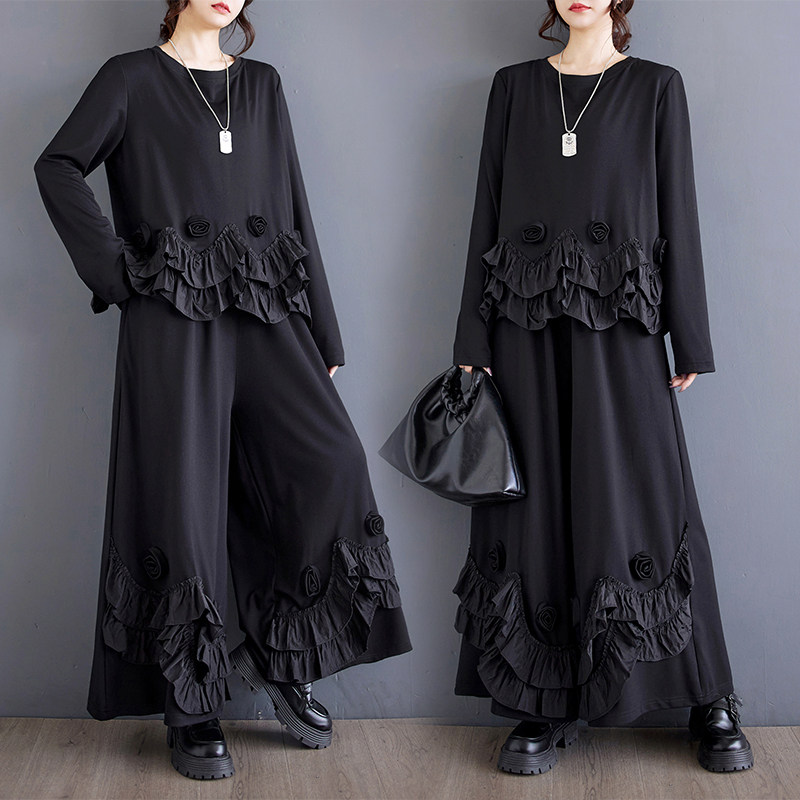 春秋装新款宽松立体花朵拼接不规则花边上衣阔腿裤两件套黑色显瘦,女装/女士精品,时尚套装,淘宝优惠券,粉丝福利购,淘宝优惠卷