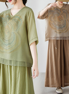 夏两件套季新款文艺大码宽松印花上衣松紧腰阔腿裤时尚休闲套装女