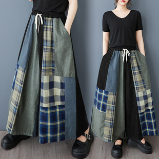 裙裤 春夏新款 百搭休闲宽松阔腿裤 子拼接牛仔裤 子抽绳 日系原宿风格