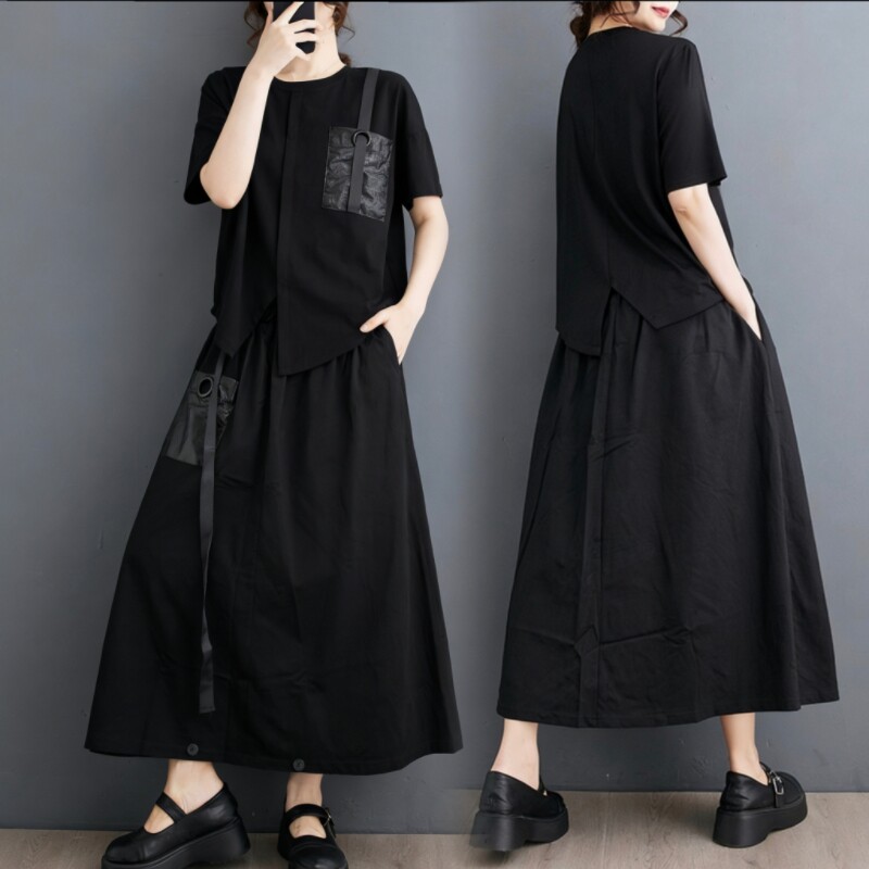 夏小众个性时尚口袋设计暗黑风不规则上衣+宽松休闲半身裙两件套