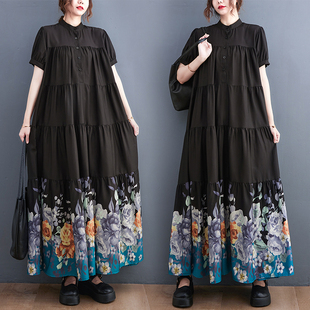 宽松大码 短袖 时尚 印花显瘦中长款 裙子 捡漏韩版 连衣裙衬衫 夏新款