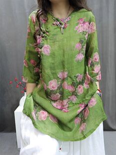 夏季新款复古印花套头轻薄透气宽松大版中袖衬衫裙女中长款花色