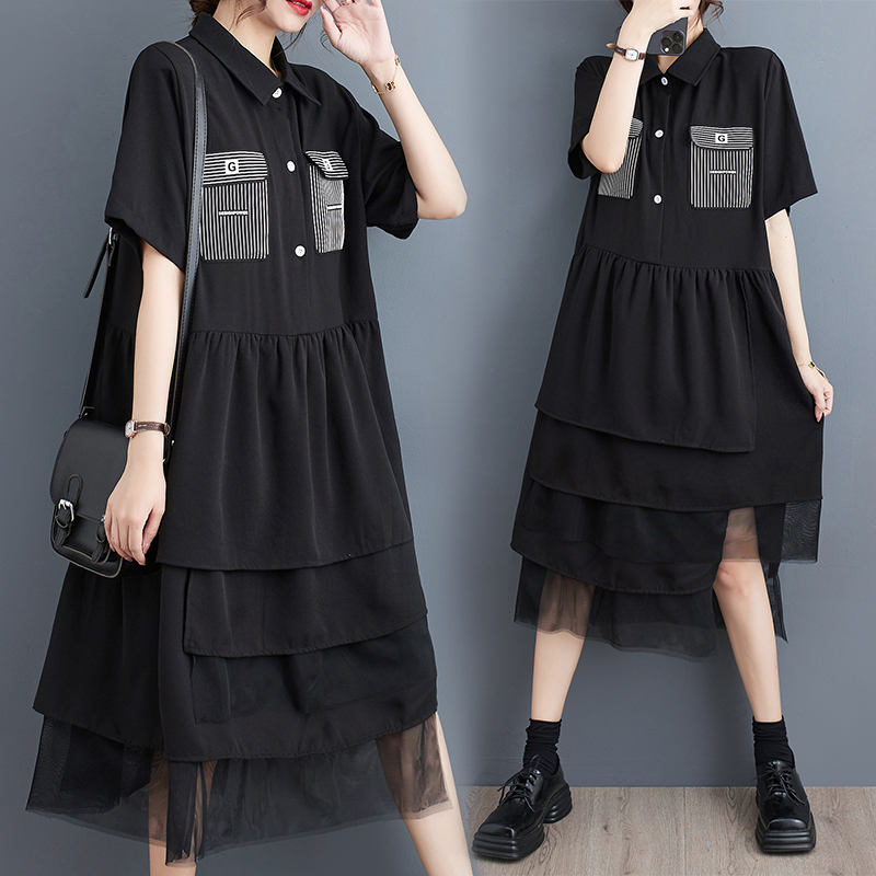 折扣夏装新款休闲连衣裙POLO领宽松显瘦拼接网纱不规则连衣裙子