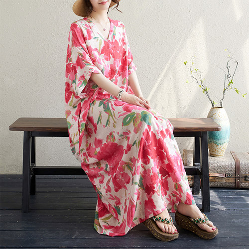 红色花过膝长裙子夏季花色度假风旅游V领复古长裙遮肉棉麻连衣裙