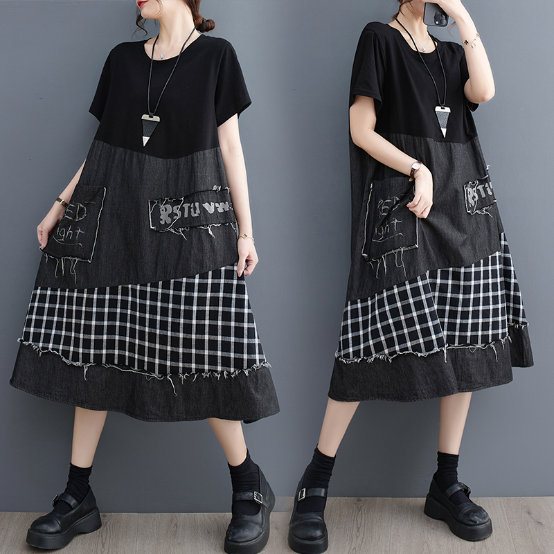 折扣夏季时尚牛仔格子拼接大码中长裙宽松韩版大口袋连衣裙设计感