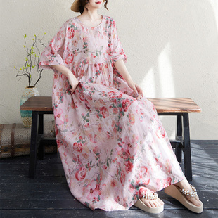 简约粉色波西米亚长裙裙长外贸出口200斤 薄棉麻圆领短袖 夏季 新款