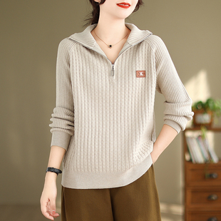 大码胖mm宽松半拉链长袖上衣毛衣针织衫韩版亲肤柔软 高龄打底衫