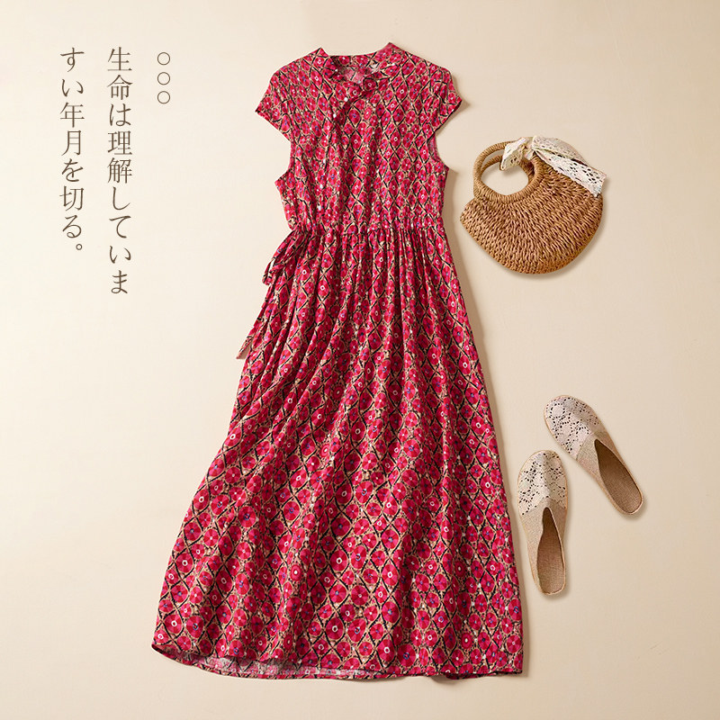 中长款红色连衣裙女夏2026夏新款文艺显瘦气质棉麻碎花裙子薄款