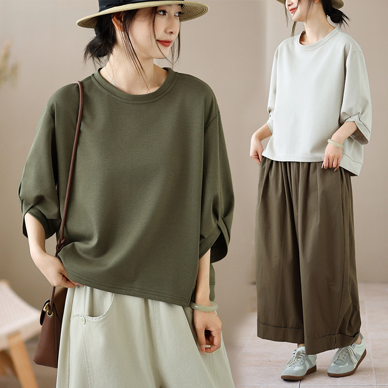 夏季新款圆领套头袖口打结个性T恤衫纯色大码五分袖上衣圆领短袖