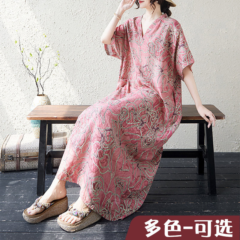 外单出口薄夏季新款薄棉麻花V领宽松度假风沙滩裙长款文艺女袍子