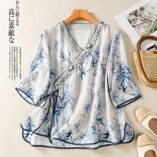 民族风印花七分袖苎麻立领体恤衫新中式薄款包边斜襟茶服妈妈装