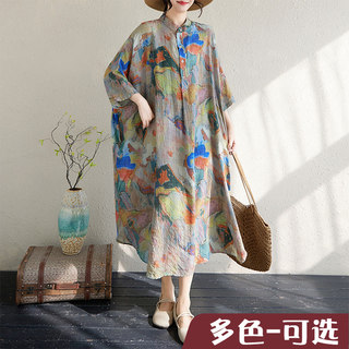 200斤季新款气质文艺复古棉麻印花立领宽松超长大码度假连衣裙