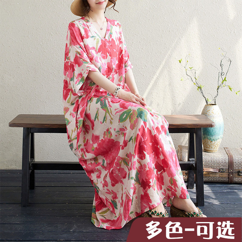 红色花过膝长裙子夏季花色度假风旅游V领复古长裙遮肉棉麻连衣裙