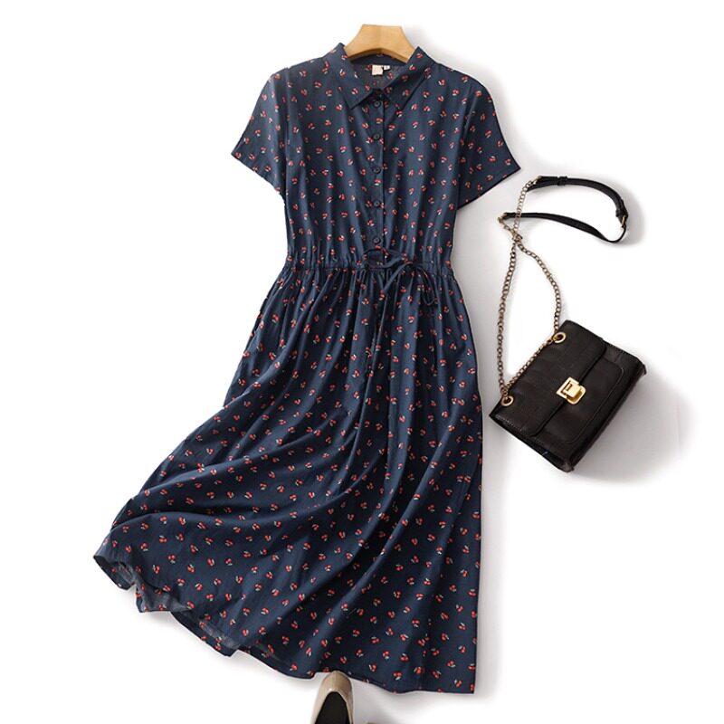 夏季新款纯棉印花衬衫裙复古文艺短袖中长款连衣裙女森POLO领高腰
