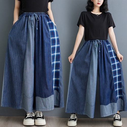 外贸出口加大码日系复古休闲裤牛仔拼接长裤百搭松紧腰抽绳阔腿裤