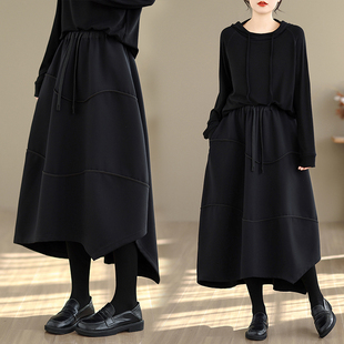 加厚不规则剪裁半身裙保暖厚实百搭裙子 松紧腰黑色裙子纯色百搭